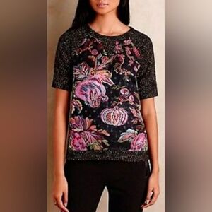 Anthropologie James Coviello Floral Brocade Metallic Knit Top Size XS
